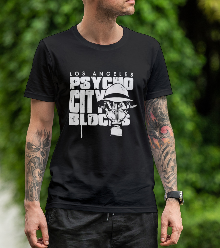 Los Angeles Psycho City Blocks Gas Mask Helmet Bold Lettering T-Shirt