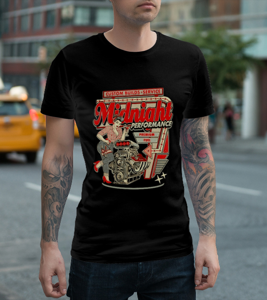 Midnight Performance Custom Builds Service Premium Fuel Retro Pin Up T-Shirt