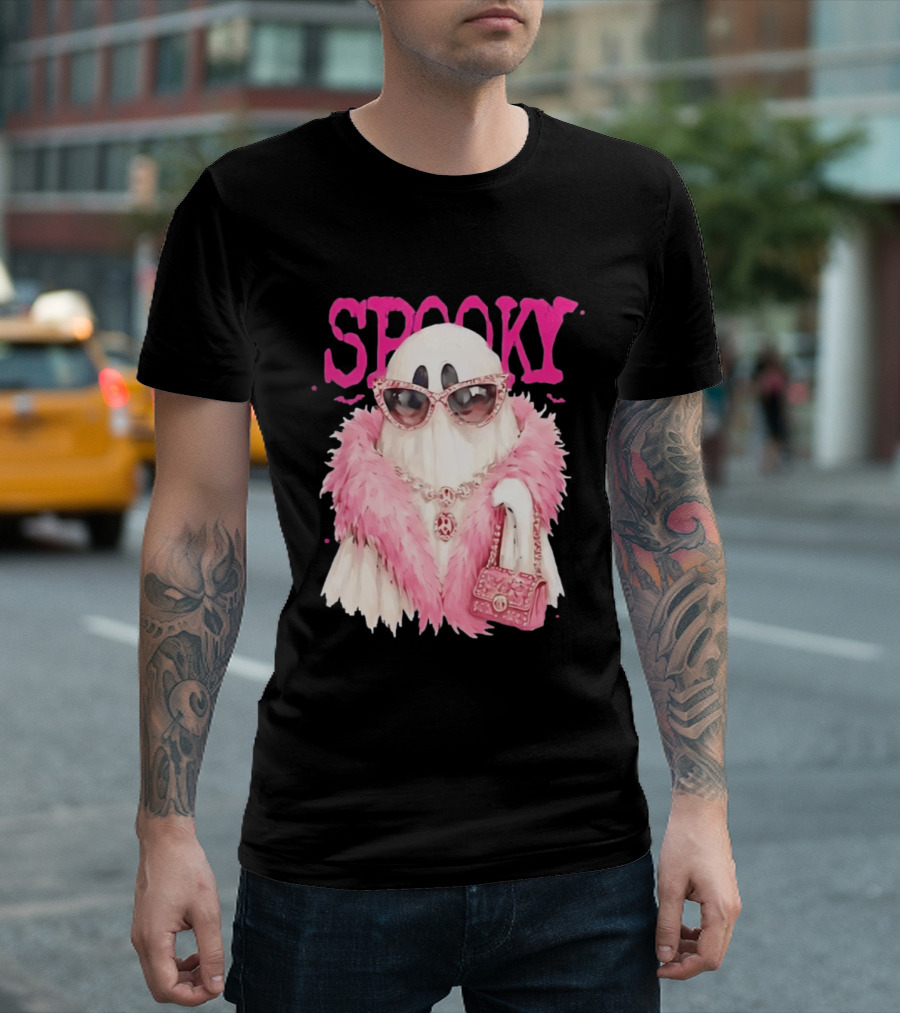 Spooky Glamorous Ghost With Pink Fur And Sunglasses T-Shirt