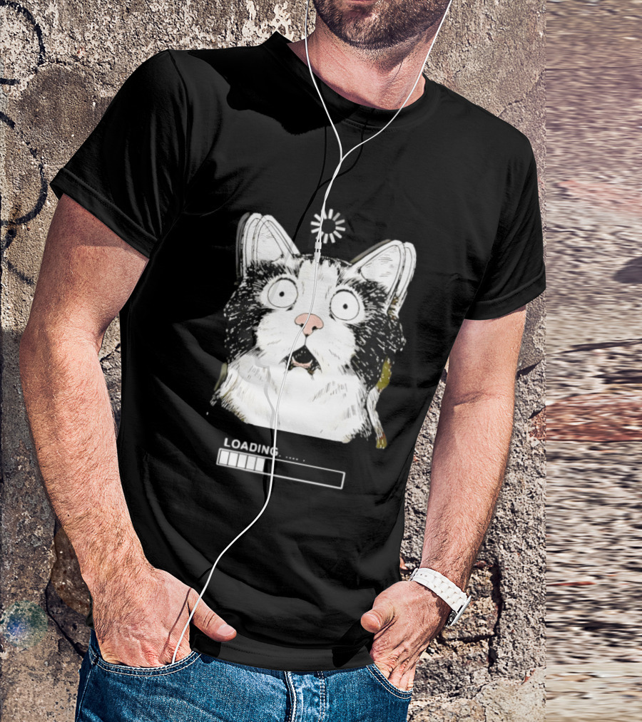 Startled Tuxedo Cat Staring Wide Eyed Beside Loading Progress Bar Meme T-Shirt