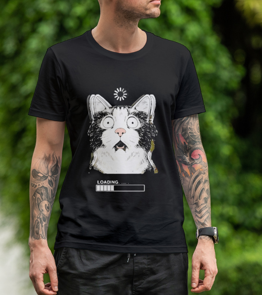 Startled Tuxedo Cat Staring Wide Eyed Beside Loading Progress Bar Meme T-Shirt
