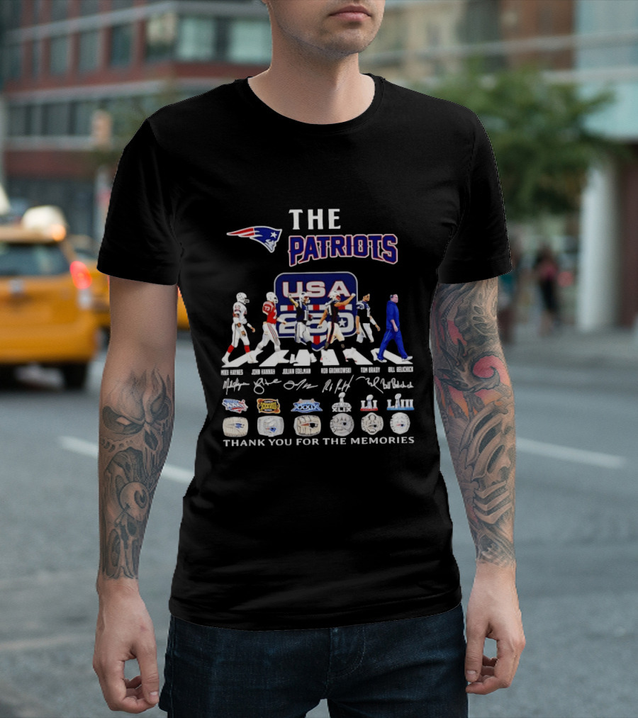 The Patriots USA 250 Thank You For The Memories With Player Signatures And Super Bowl Logos T-Shirt