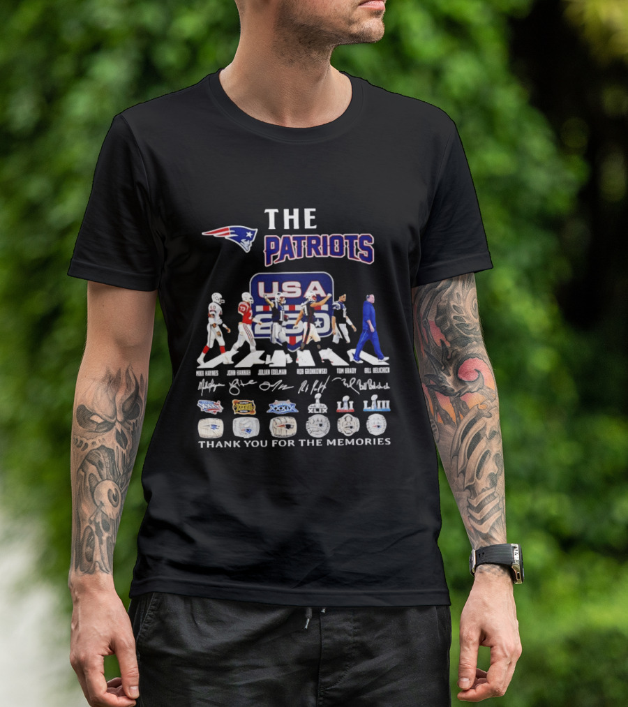 The Patriots USA 250 Thank You For The Memories With Player Signatures And Super Bowl Logos T-Shirt