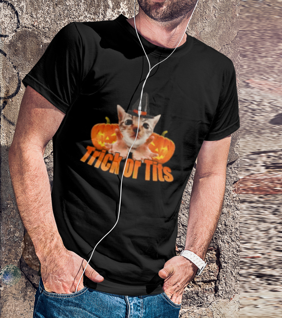 Trick Or Tits Halloween Cat Witch Pumpkin Hat T-Shirt