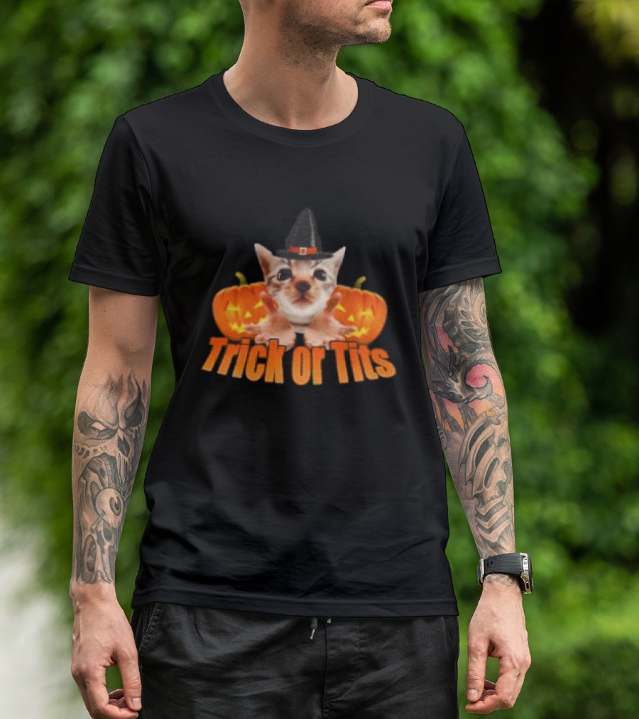Trick Or Tits Halloween Cat Witch Pumpkin Hat T-Shirt