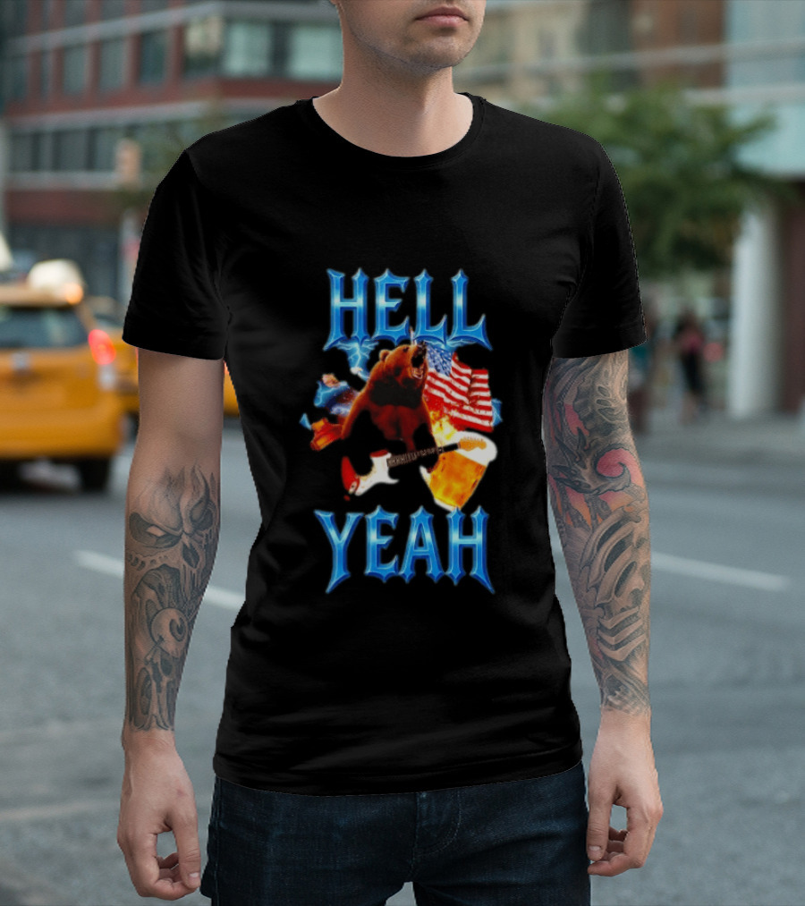 Hell Yeah Bear American Flag Guitar Beer Celebration T-Shirt