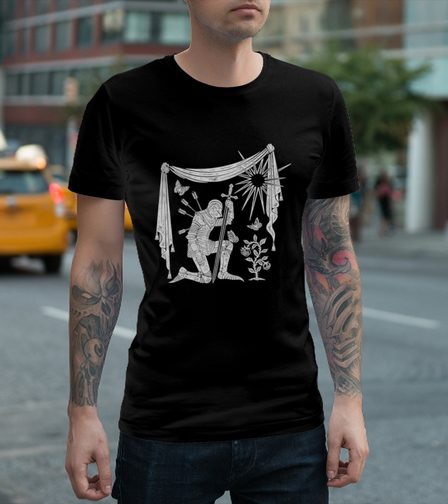 Knight Kneeling With Sword And Arrows Medieval Warrior Sun And Nature Motif T-Shirt