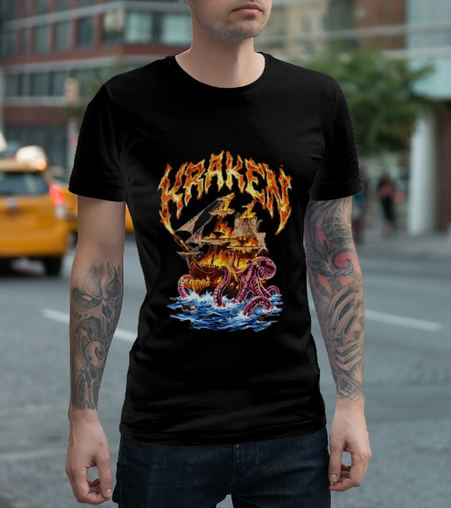 Kraken Nautical Myths Burning Ship Octopus Attack T-Shirt