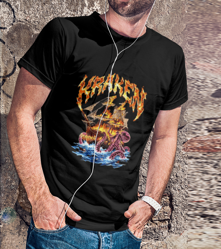 Kraken Nautical Myths Burning Ship Octopus Attack T-Shirt