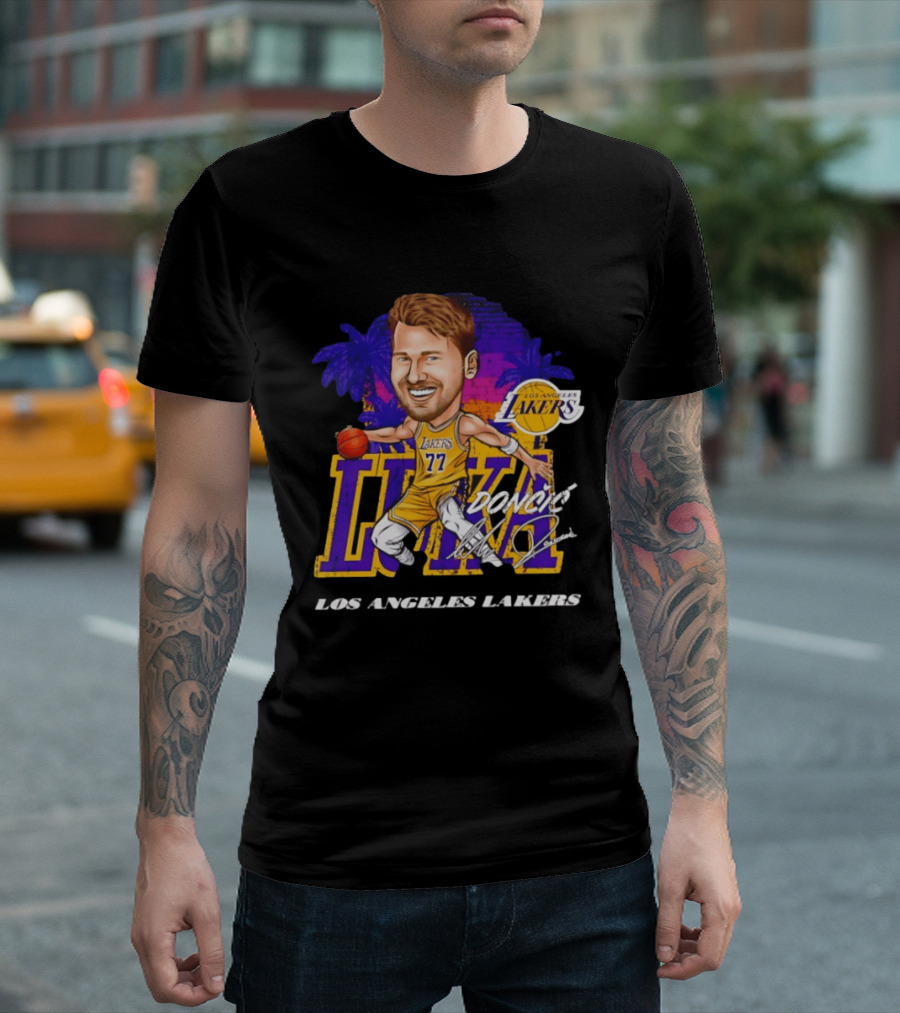 Luka Doncic 77 Los Angeles Lakers Skyline Cartoon T-Shirt