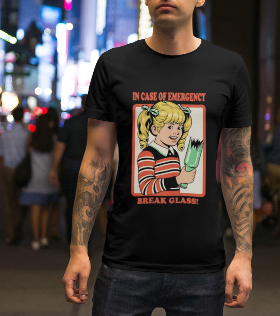 In Case Of Emergency Break Glass Blonde Girl With Striped Sweater Holding Broken Bottle T-Shirt