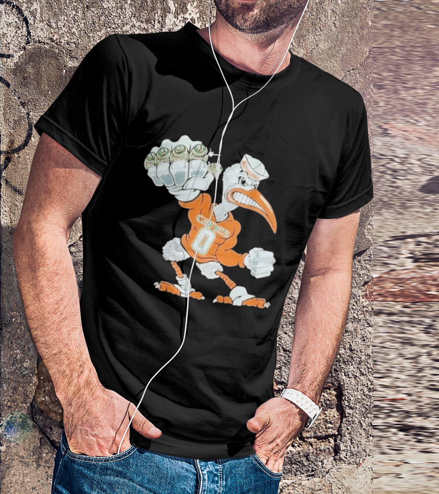 Miami Hurricanes Sebastian The Ibis 5 Rings Champs 1983 1987 1989 1991 2001 T-Shirt