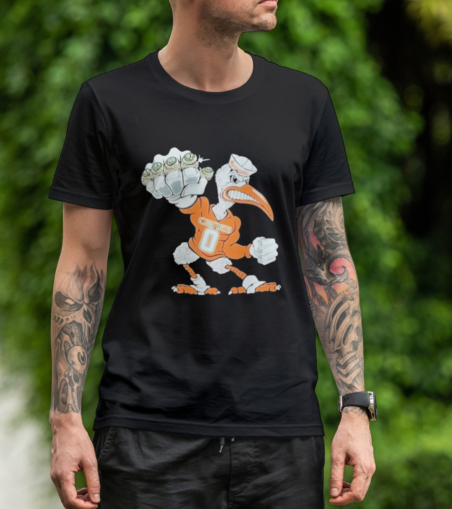 Miami Hurricanes Sebastian The Ibis 5 Rings Champs 1983 1987 1989 1991 2001 T-Shirt