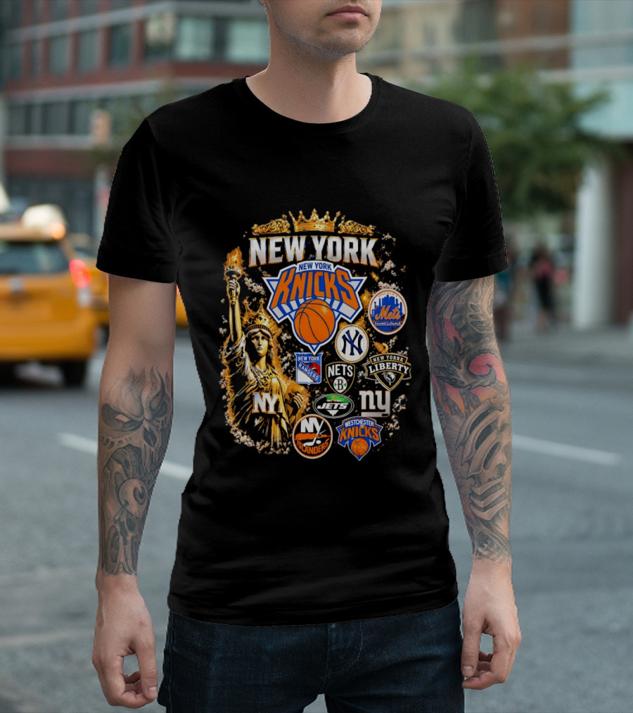 New York Knicks Mets Yankees Rangers Nets Liberty Jets Giants Islanders Westchester Knicks Statue Of Liberty T-Shirt