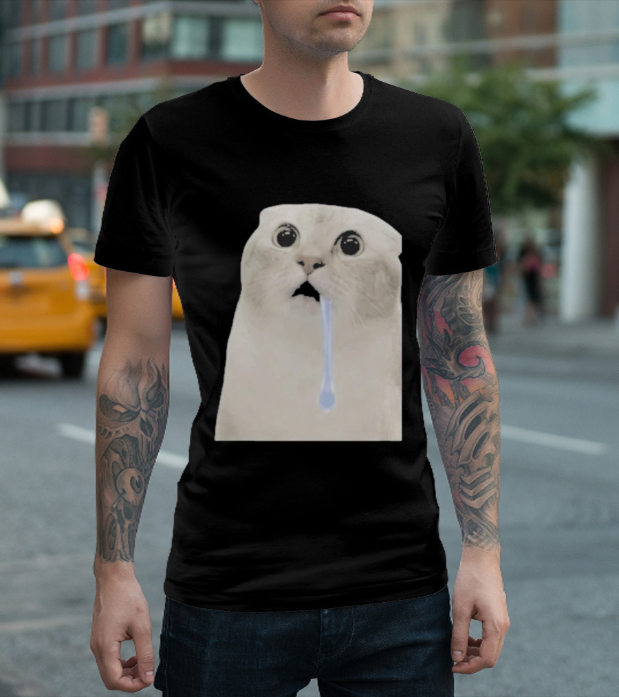 Wide Eyed Drooling Cat Meme Humor T-Shirt