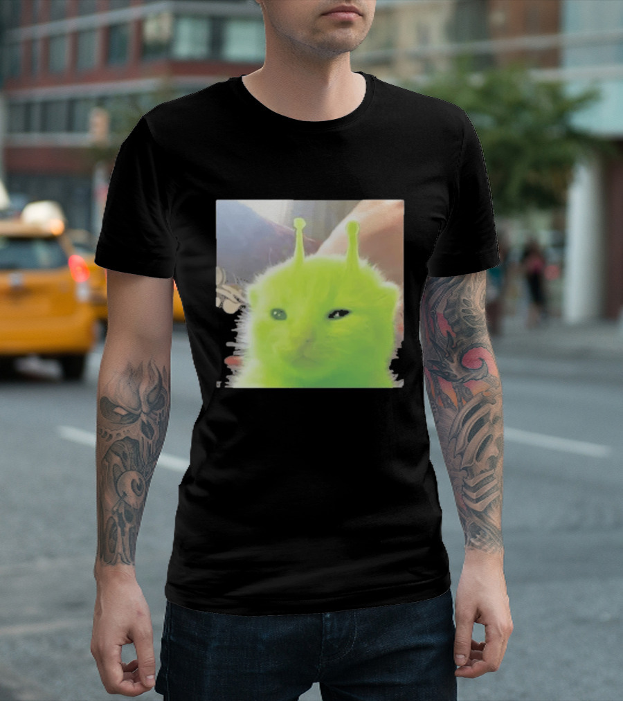 Glorp Alien Cat Winking Whimsical Green Feline With Antennae T-Shirt