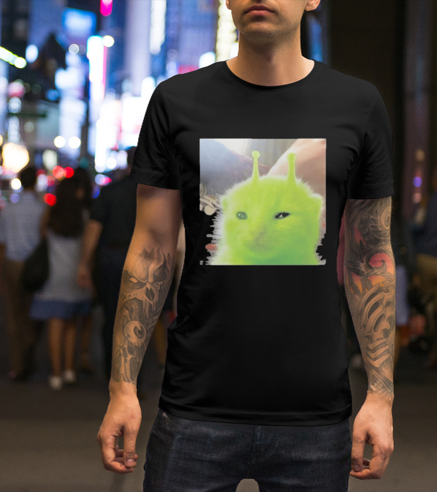 Glorp Alien Cat Winking Whimsical Green Feline With Antennae T-Shirt
