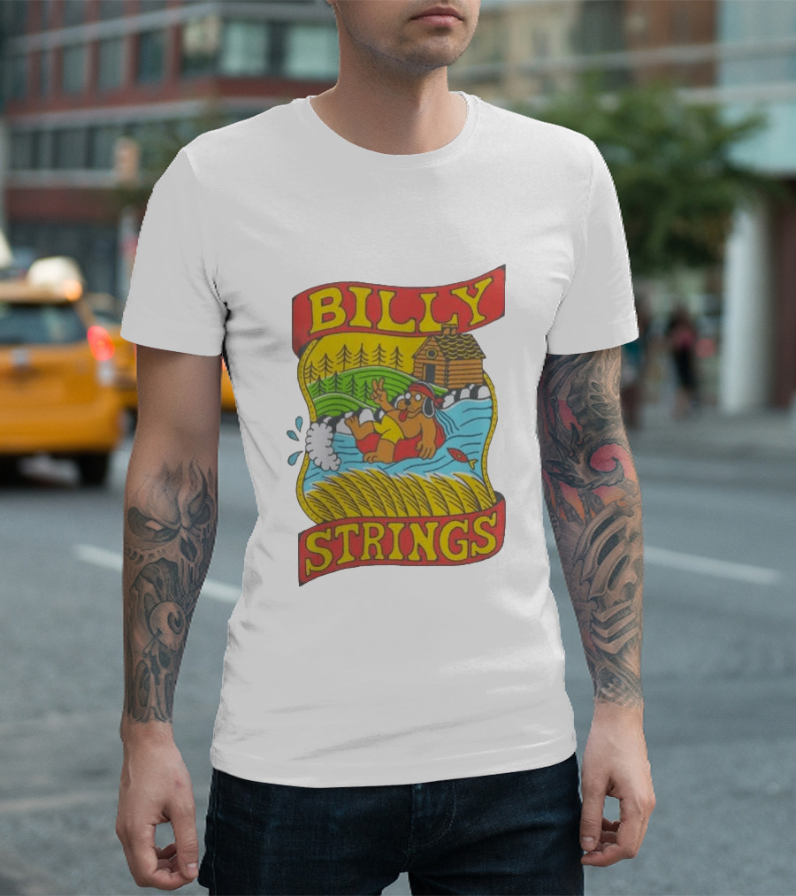 Billy Strings Tubing Bear Cabin Scene With Trees And Fish T-Shirt