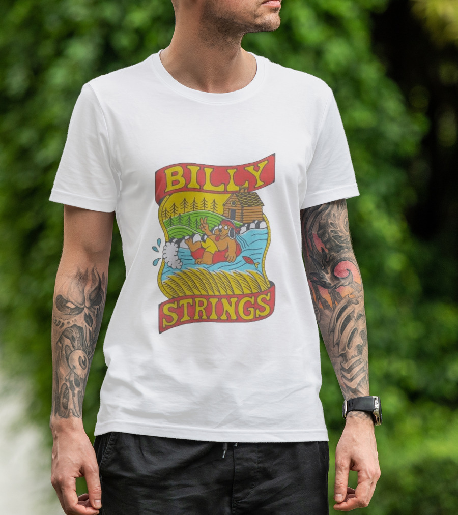 Billy Strings Tubing Bear Cabin Scene With Trees And Fish T-Shirt