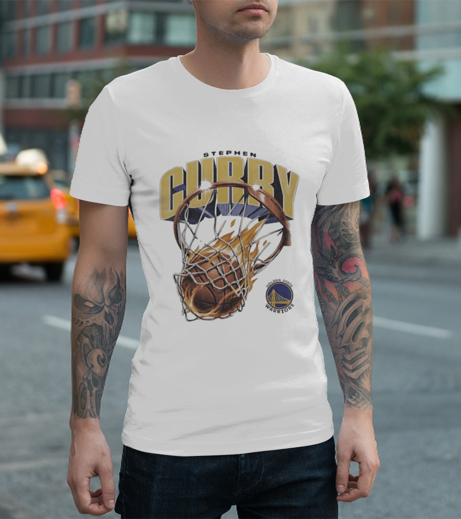 Stephen Curry Golden State Warriors Flaming Basketball Net T-Shirt