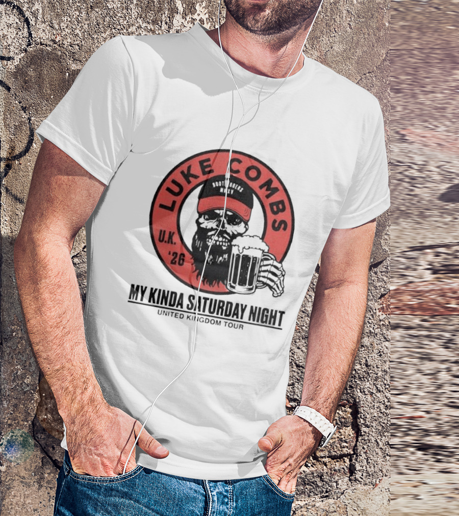 Luke Combs My Kinda Saturday Night UK Tour 2026 Pop Up Skeleton Holding Beer T-Shirt