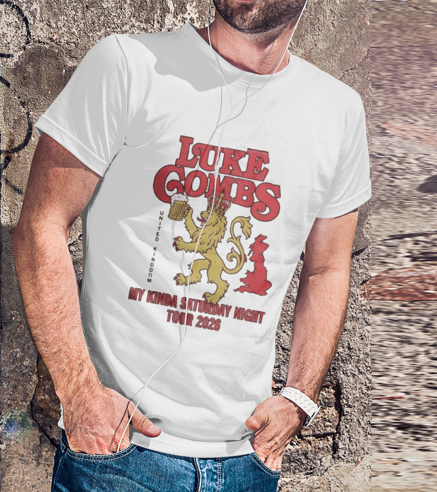 Luke Combs United Kingdom My Kinda Saturday Night Tour 2026 Lion Holding Beer T-Shirt