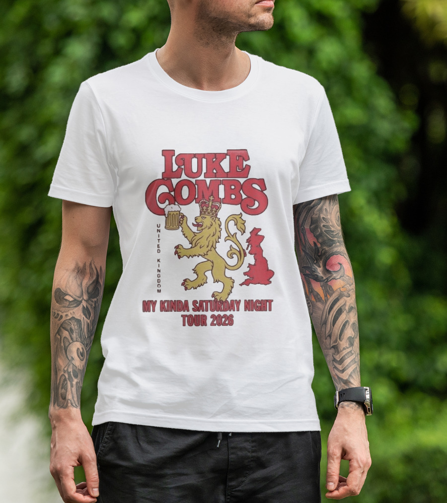 Luke Combs United Kingdom My Kinda Saturday Night Tour 2026 Lion Holding Beer T-Shirt
