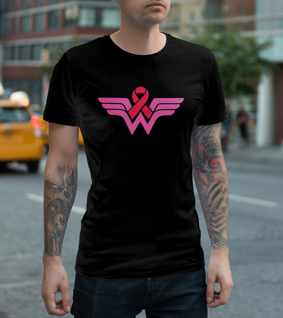 Pink Wing Shaped Ribbon Breast Cancer Awareness Hero T-Shirt