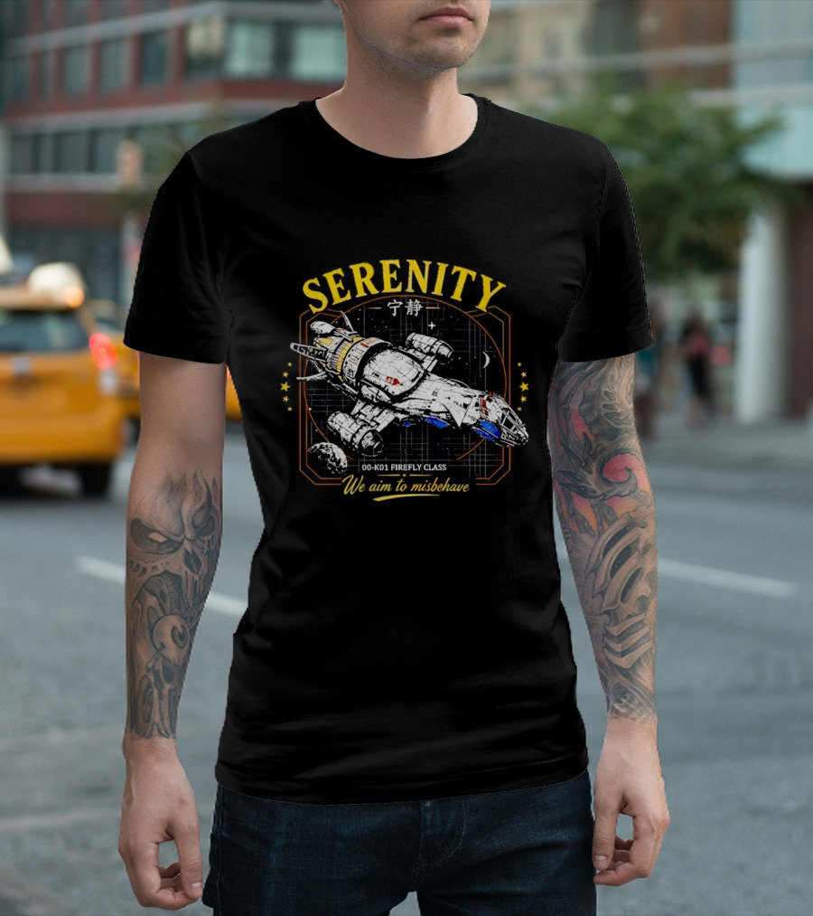 Serenity Firefly Class Spaceship 00 K01 We Aim To Misbehave T-Shirt
