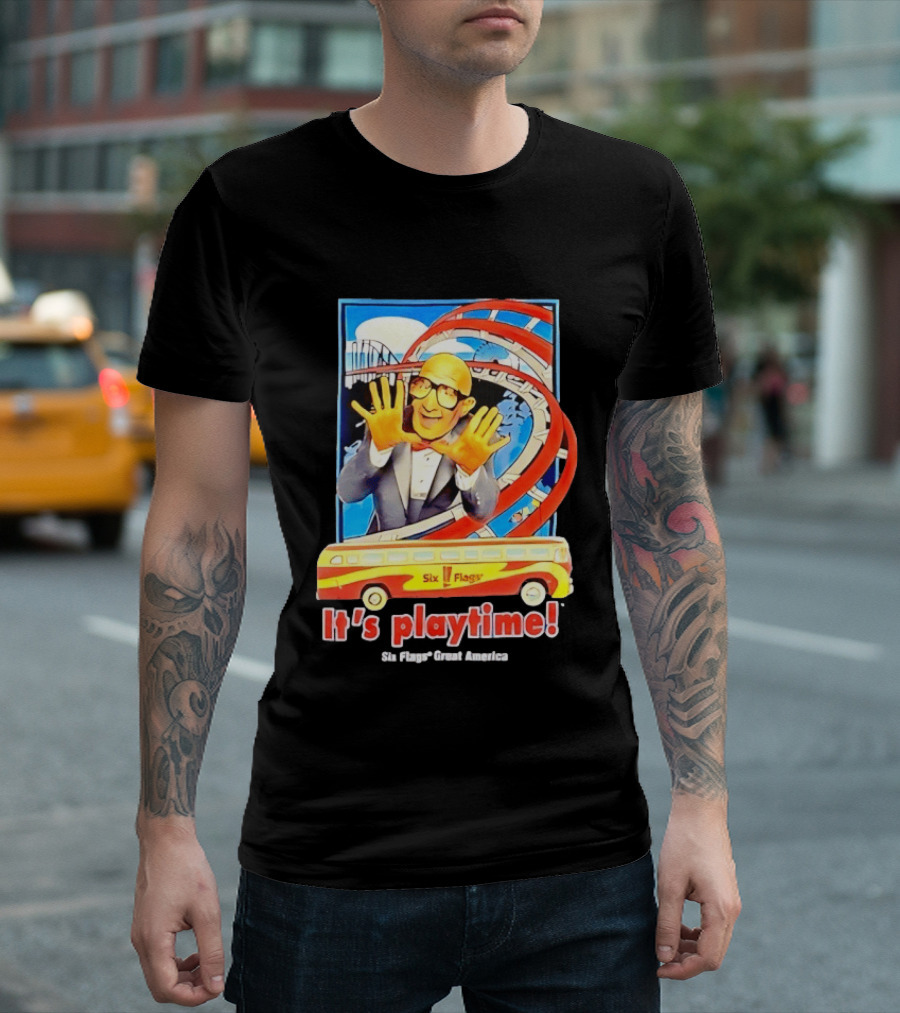 Six Flags Great America Mr. Six It's Playtime Roller And Bus Adventure T-Shirt
