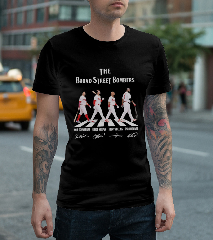 The Broad Street Bombers Kyle Schwarber Bryce Harper Jimmy Rollins Ryan Howard Philadelphia Phillies T-Shirt