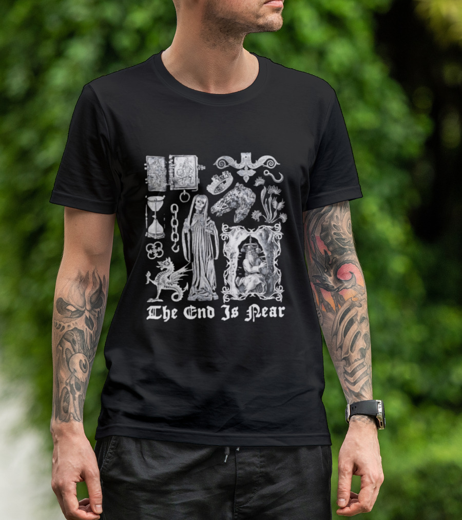 The End Is Near Gothic Occult Dark Medieval Symbols Skeleton Dragon Hourglass T-Shirt