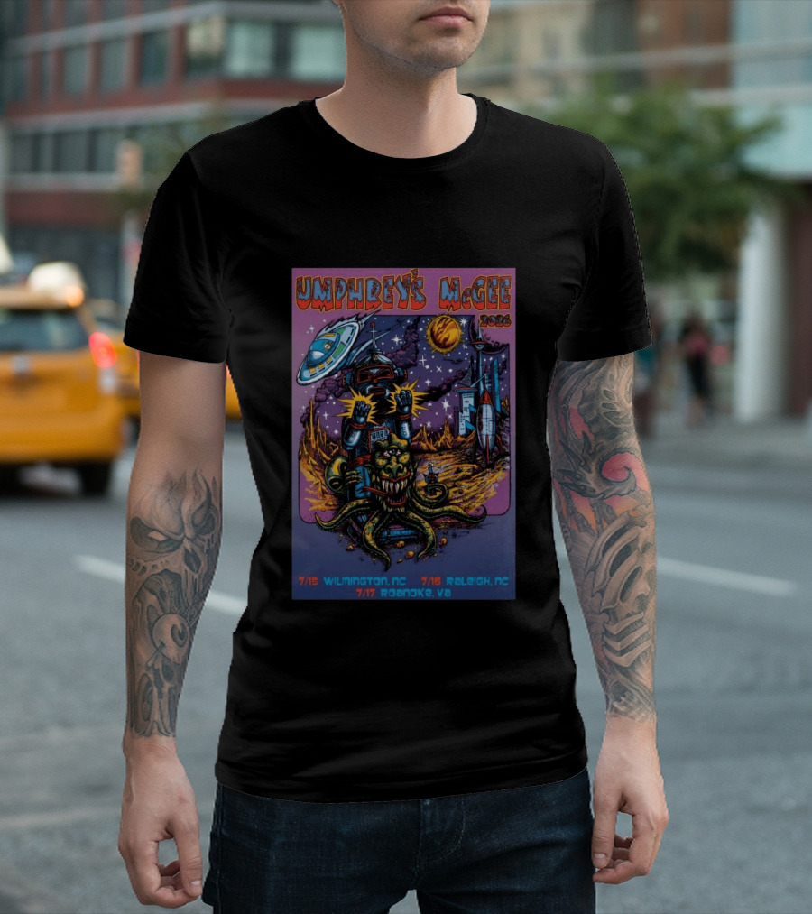 Umphrey's McGee 2026 Tour Dates With Sci Fi Art Featuring Space Monster And Robot In Roanoke VA T-Shirt