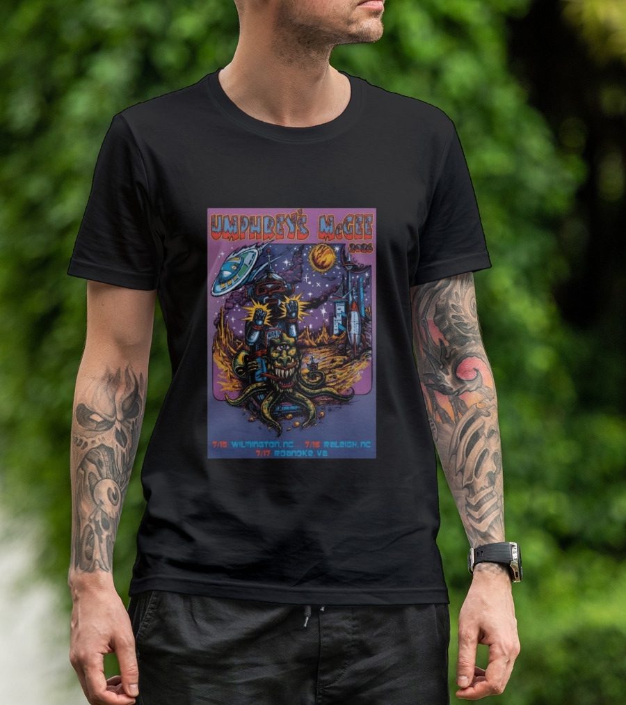 Umphrey's McGee 2026 Tour Dates With Sci Fi Art Featuring Space Monster And Robot In Roanoke VA T-Shirt