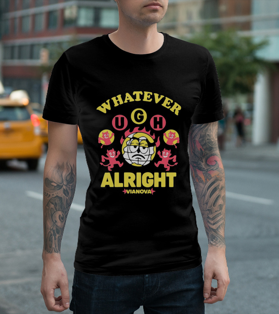 Vianova Whatever Ugh Alright Grumpy Globe Face Red Devils Cartoon T-Shirt
