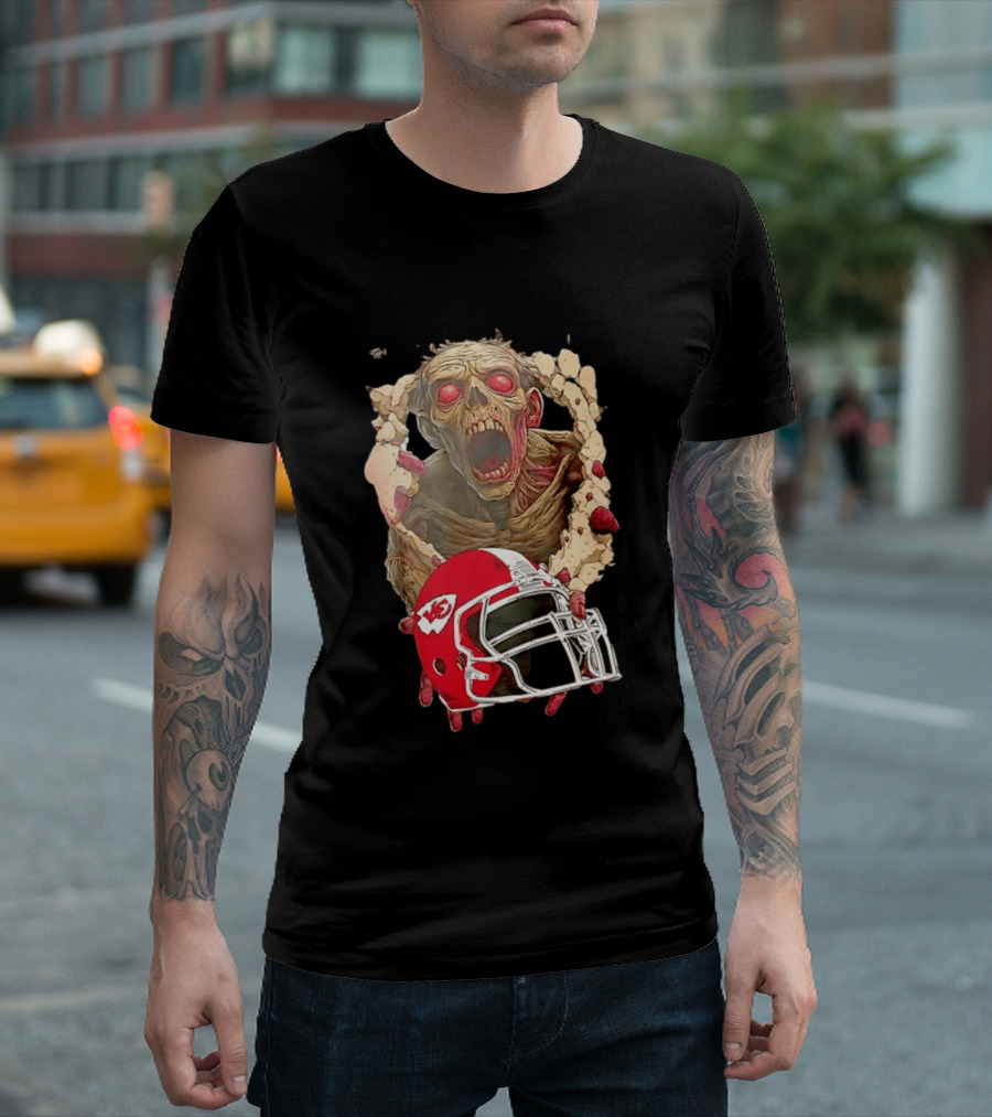 Zombie Kansas City Chiefs Helmet Halloween Scary Football Fan Spirit T-Shirt