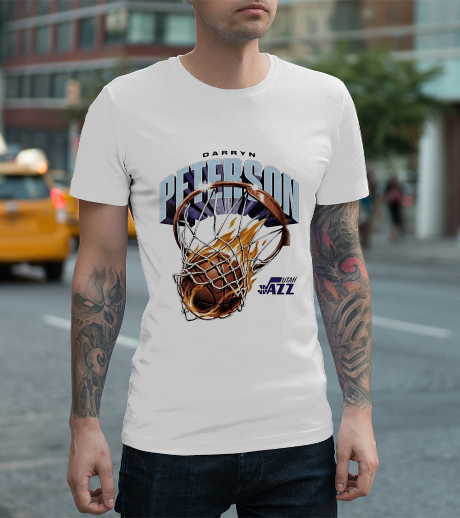 Darryn Peterson NBA Utah Jazz Basketball Hoop Flames T-Shirt