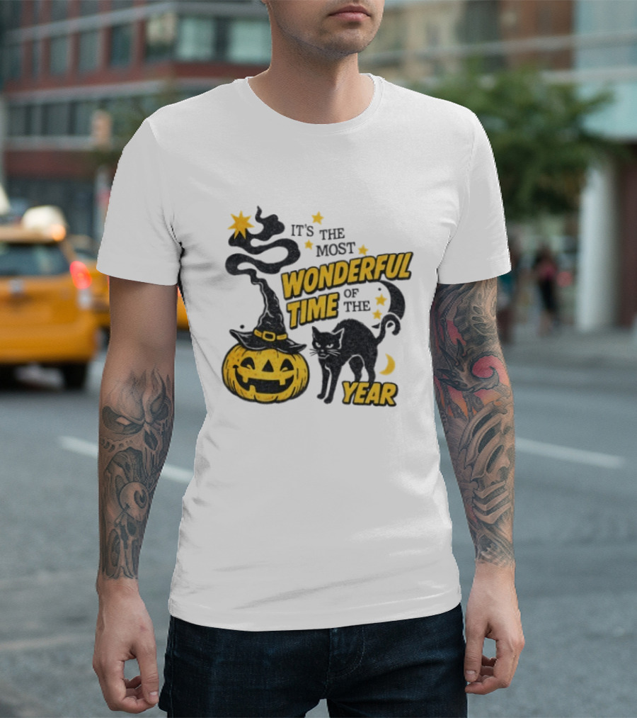 It's The Most Wonderful Time Of The Year Halloween Pumpkin Black Cat T-Shirt