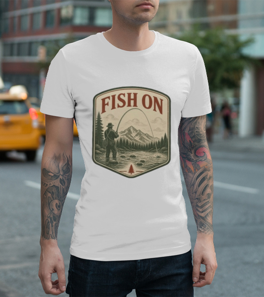 Fish On Fly Fishing Fisherman Mountain Landscape Adventure T-Shirt