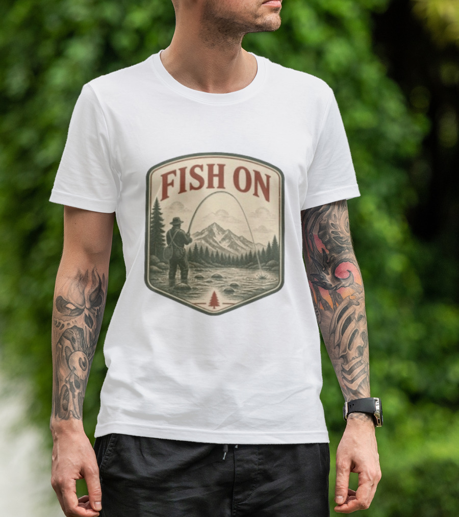 Fish On Fly Fishing Fisherman Mountain Landscape Adventure T-Shirt