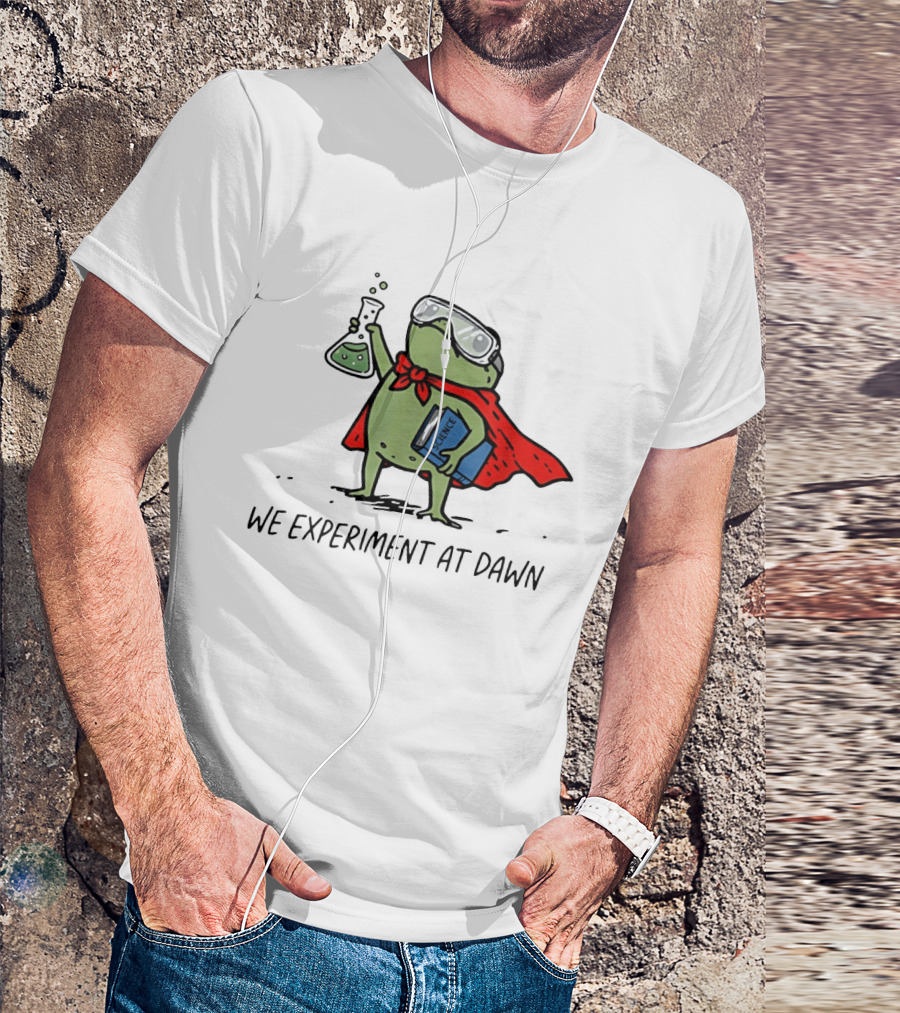 Heroic Science Frog We Experiment At Dawn With Lab Beaker And Book T-Shirt