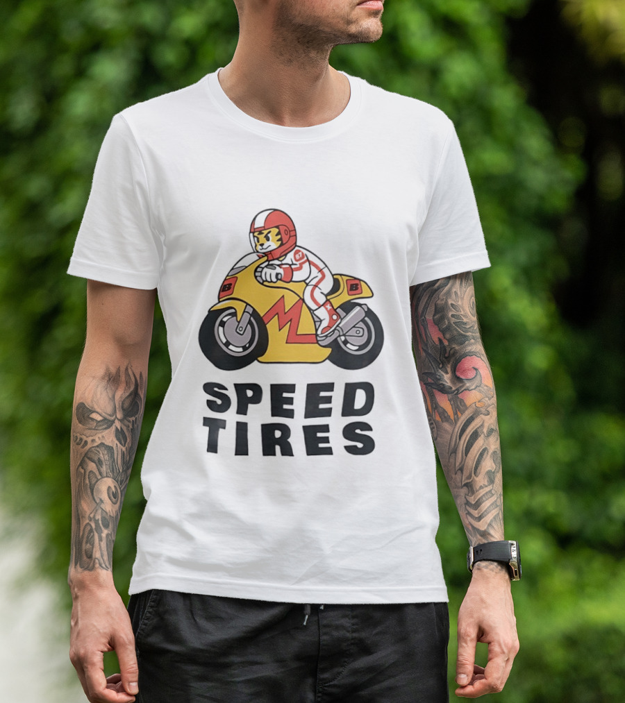 Speed Tires Tiger Motorcycle Racing Biker Rider On Yellow Bike T-Shirt