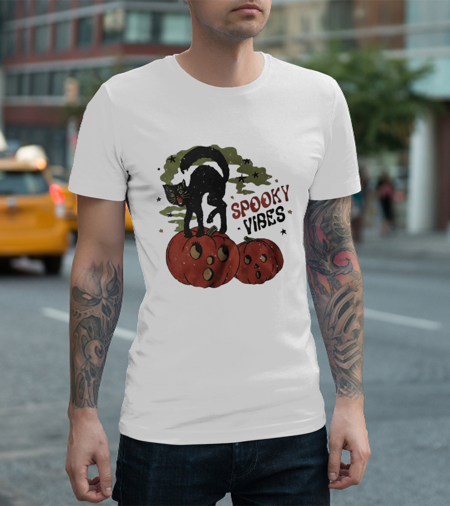 Spooky Vibes Black Cat Pumpkins Halloween Cartoon Stars T-Shirt
