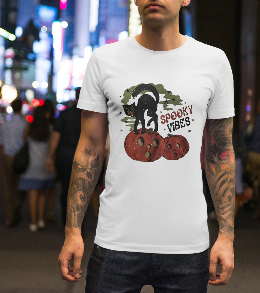 Spooky Vibes Black Cat Pumpkins Halloween Cartoon Stars T-Shirt