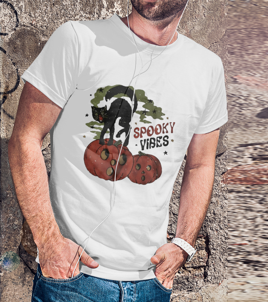 Spooky Vibes Black Cat Pumpkins Halloween Cartoon Stars T-Shirt