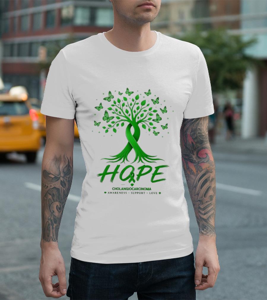 Hope Tree With Butterflies Cholangiocarcinoma Awareness Support Love Ribbon T-Shirt