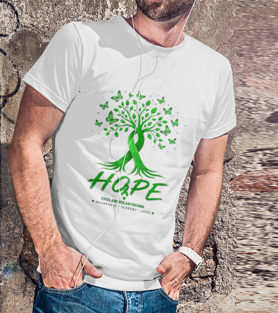 Hope Tree With Butterflies Cholangiocarcinoma Awareness Support Love Ribbon T-Shirt