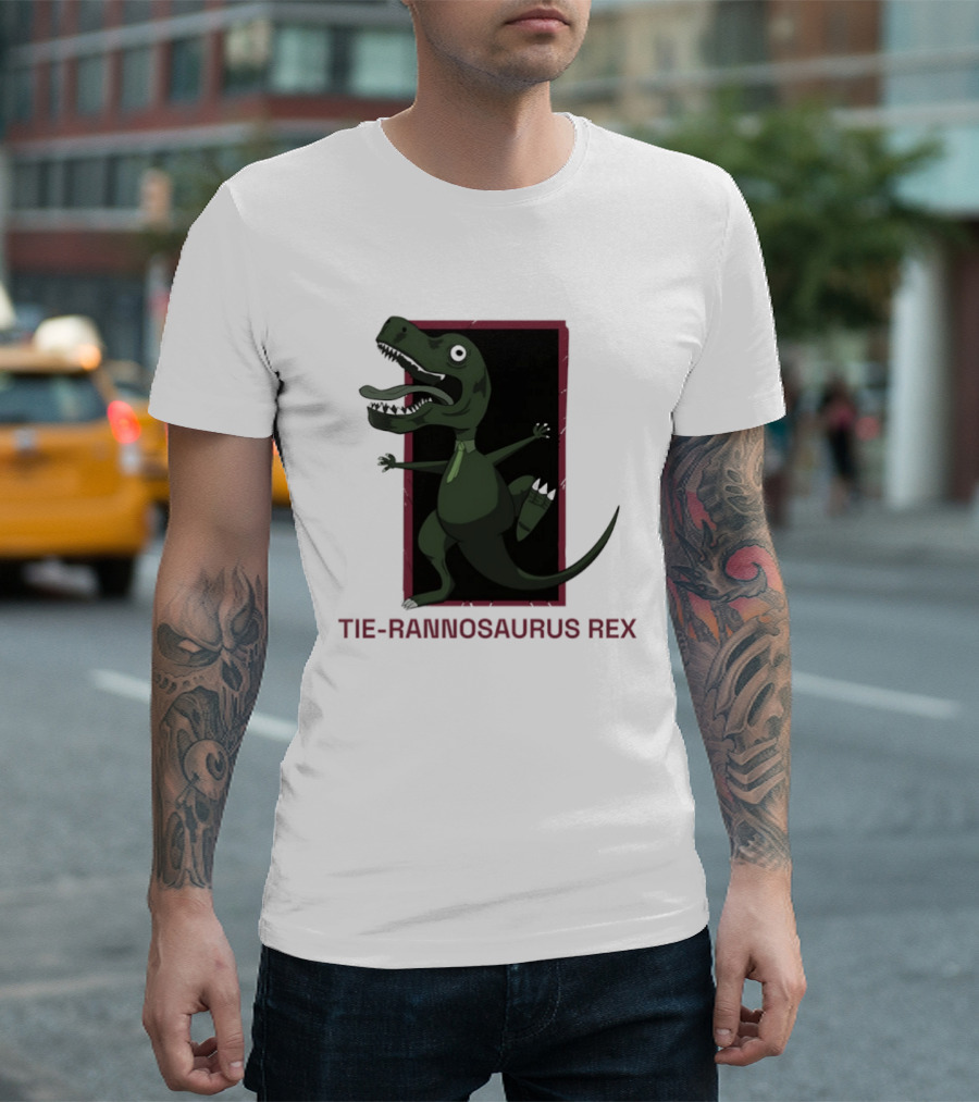 TIE RANNOSAURUS REX Dinosaur Humor Pun With Green Tie T-Shirt
