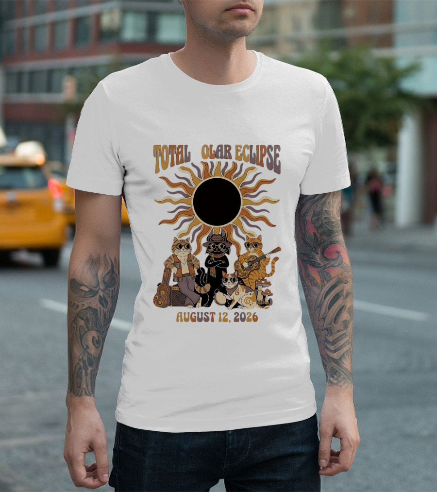 Total Solar Eclipse August 12 2026 Cats Band With Instruments And Sunglasses T-Shirt