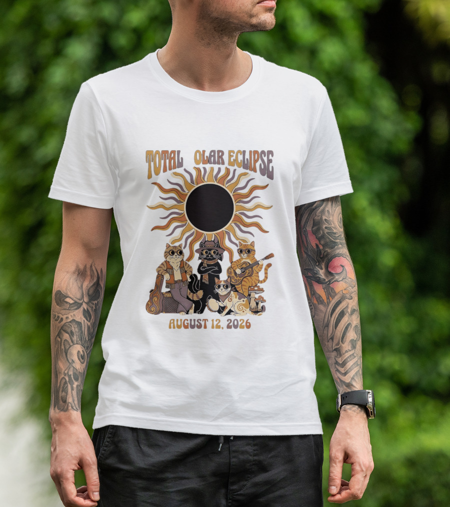 Total Solar Eclipse August 12 2026 Cats Band With Instruments And Sunglasses T-Shirt